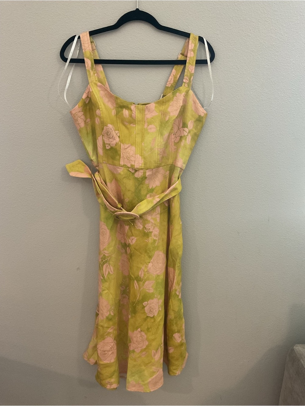 Guess by Marciano Lime Green and Pale Pink Floral Midi Dress with Waist Tie